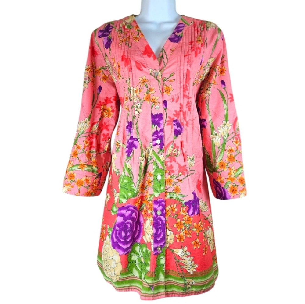 Soft Surrounding pink purple green floral tunic blouse top Womens Medium - Picture 2 of 9
